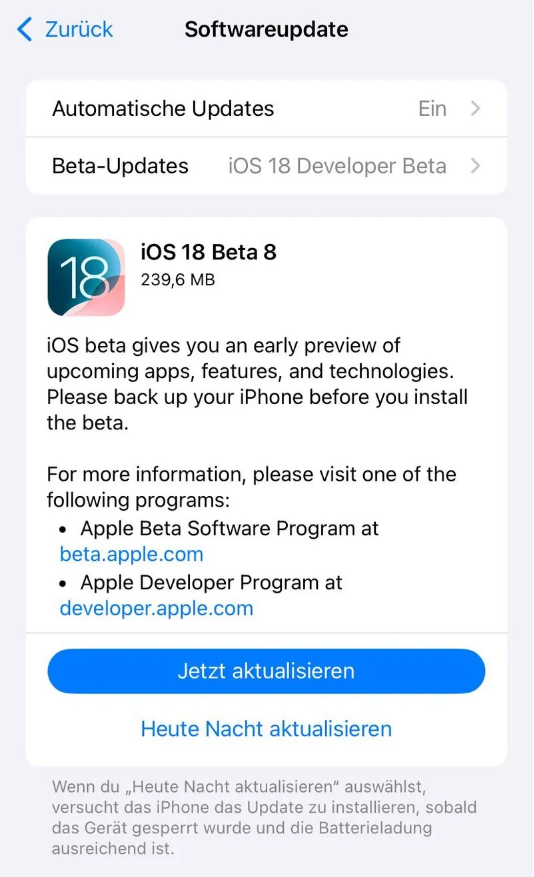 大田镇苹果手机维修分享苹果 iOS / iPadOS 18 开发者预览版 Beta 8 发布 